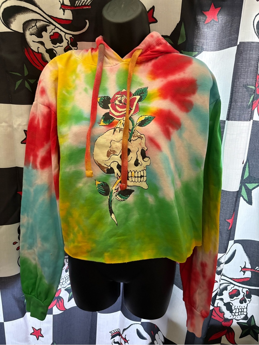 Ed Hardy Tie-Dye Skull & Rose Cropped Hoodie Sweater - Multicolor